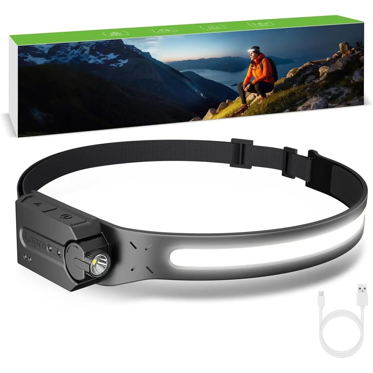 Rechargeable High-Intensity LED Headlamp with Motion Sensor, 1200mAh Battery, 230° COB Wide Beam, Adjustable Spotlight, IP44 Rated for Outdoor Activities - Pack of 2