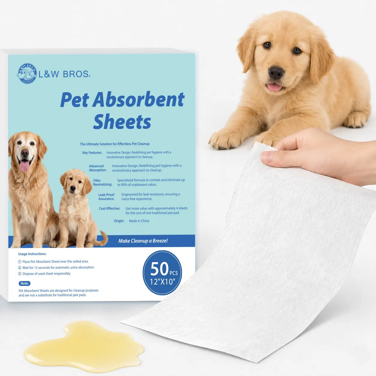 L&W BROS. Advanced Pet Absorbent Sheets - Quick-Drying Paper Towels for Efficient Dog Urine Stain and Odor Elimination