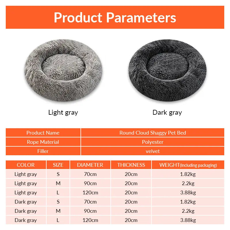 Fluffy Round Donut Calming Pet Bed - Shaggy Cloud Anti-Anxiety Plush Kennel for Dogs and Cats in Light and Dark Gray, Available in Small, Medium, and Large Sizes