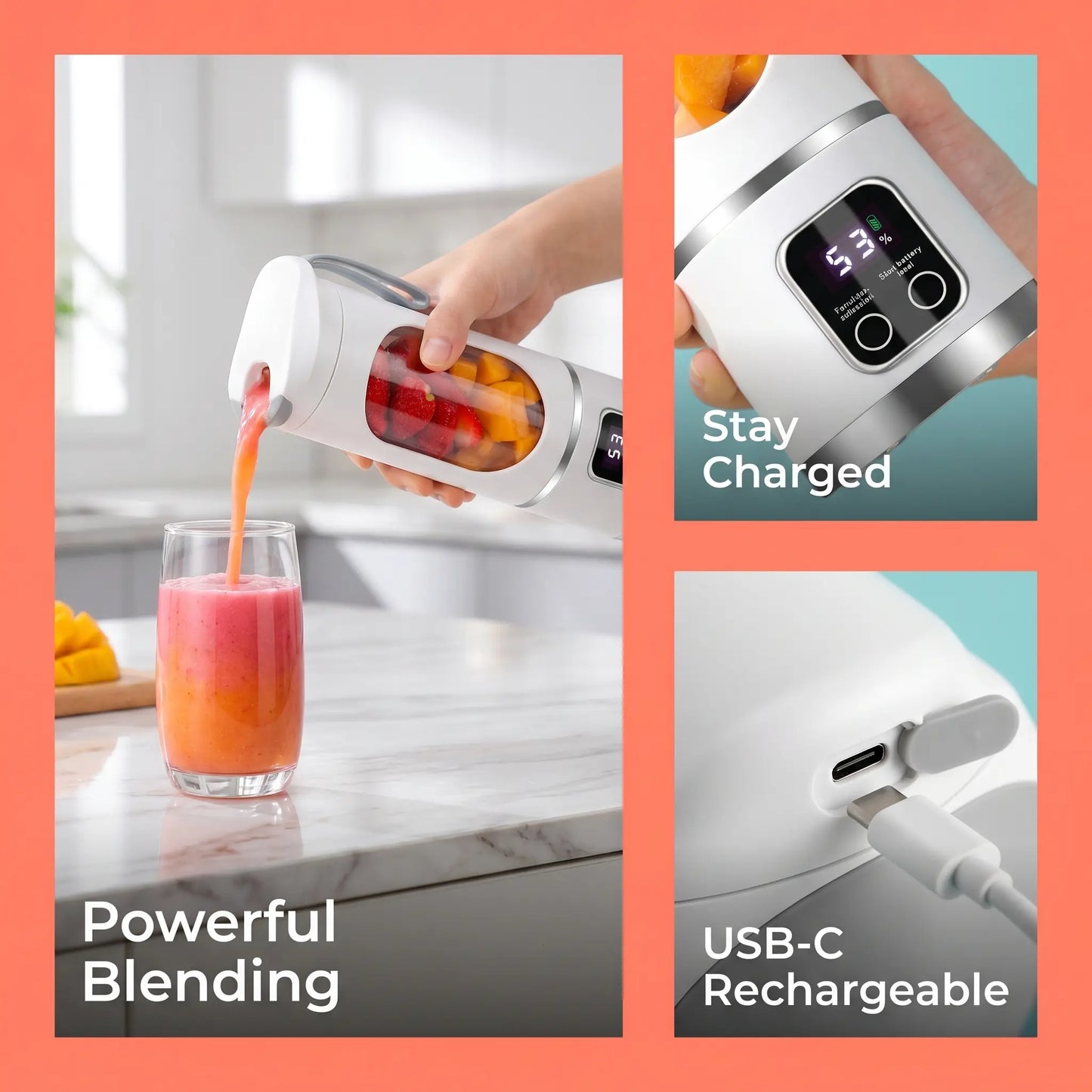 Portable 15.22 Oz USB Rechargeable Personal Blender with LED Display, Durable ABS Construction, Perfect for Smoothies and Juices, Essential Kitchen Appliance