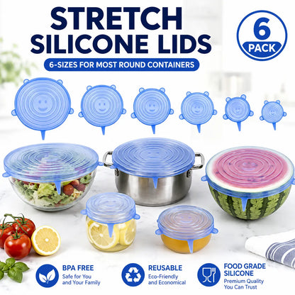 Silicone Stretch Lids Set (6-Pack) - Reusable BPA-Free Food Covers for Bowls, Pots, Cups, and Fruits (Sizes: 2.6", 3.7", 4.3", 5.5", 6.3", 7.7")