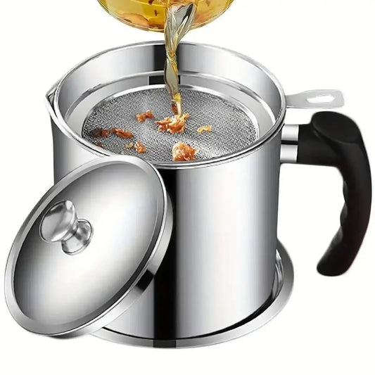 Contemporary Stainless Steel Oil Dispenser with Tray and Lid, Featuring Filter for Bacon Grease and Cooking Oil Storage, Essential Kitchen Utensil