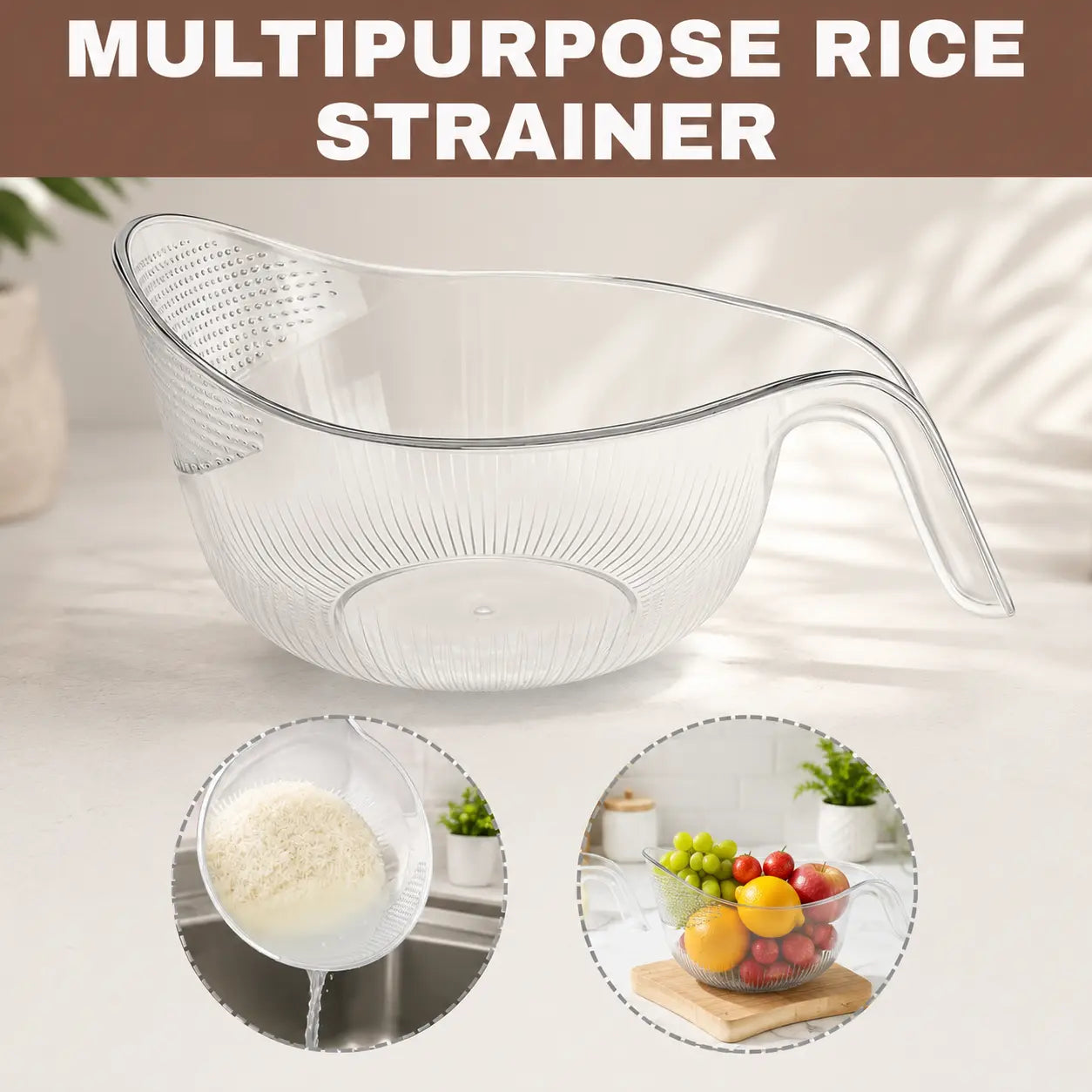 Multifunctional Aesthetic Rice Strainer with Handle - Durable BPA-Free Transparent Plastic Colander for Efficient Draining of Vegetables, Fruits, and Coffee