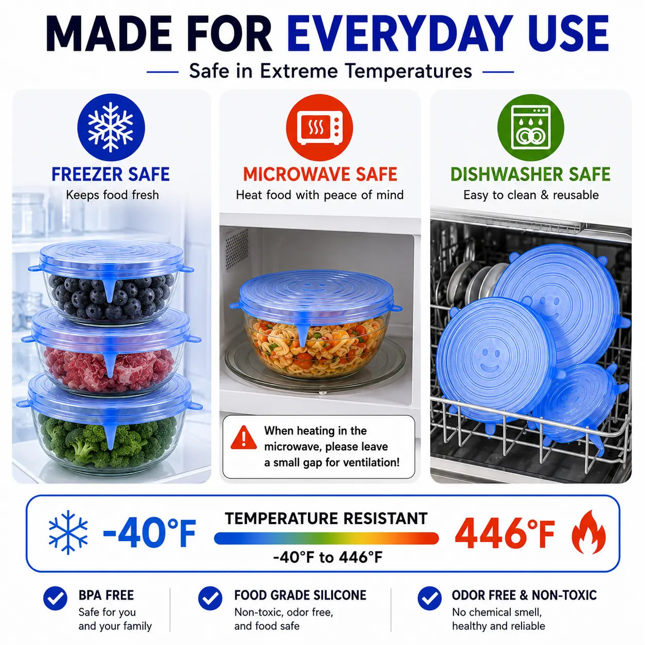 Silicone Stretch Lids Set (6-Pack) - Reusable BPA-Free Food Covers for Bowls, Pots, Cups, and Fruits (Sizes: 2.6", 3.7", 4.3", 5.5", 6.3", 7.7")