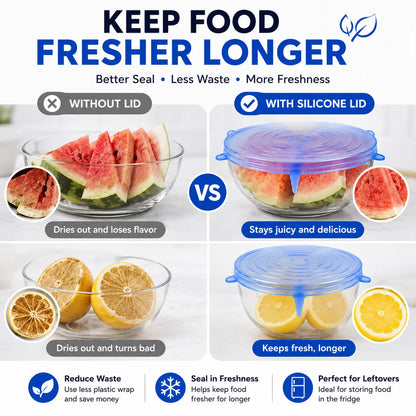 Silicone Stretch Lids Set (6-Pack) - Reusable BPA-Free Food Covers for Bowls, Pots, Cups, and Fruits (Sizes: 2.6", 3.7", 4.3", 5.5", 6.3", 7.7")