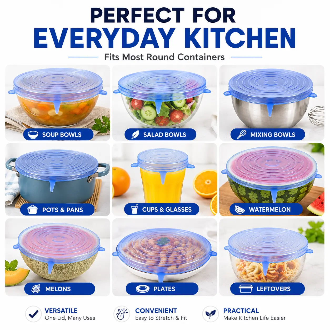 Silicone Stretch Lids Set (6-Pack) - Reusable BPA-Free Food Covers for Bowls, Pots, Cups, and Fruits (Sizes: 2.6", 3.7", 4.3", 5.5", 6.3", 7.7")
