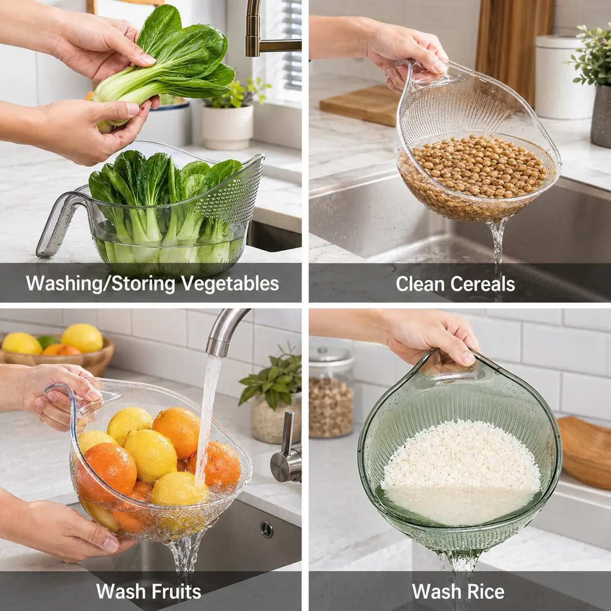 Multifunctional Aesthetic Rice Strainer with Handle - Durable BPA-Free Transparent Plastic Colander for Efficient Draining of Vegetables, Fruits, and Coffee