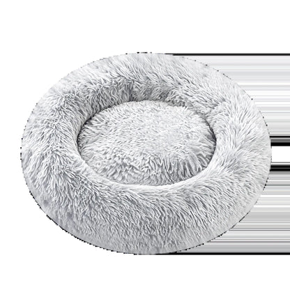 Fluffy Round Donut Calming Pet Bed - Shaggy Cloud Anti-Anxiety Plush Kennel for Dogs and Cats in Light and Dark Gray, Available in Small, Medium, and Large Sizes