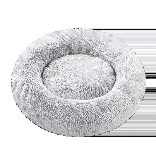 Fluffy Round Donut Calming Pet Bed - Shaggy Cloud Anti-Anxiety Plush Kennel for Dogs and Cats in Light and Dark Gray, Available in Small, Medium, and Large Sizes
