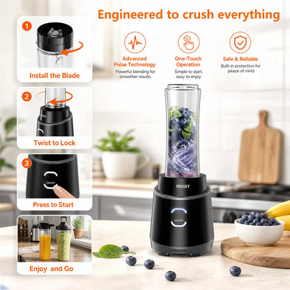 PRASKY 900W Personal Blender with Portable Cups - Perfect for Smoothies, Protein Shakes, Fresh Juices, Frozen Drinks, and Crushed Ice - BPA-Free for Home, Office, and Gym Use