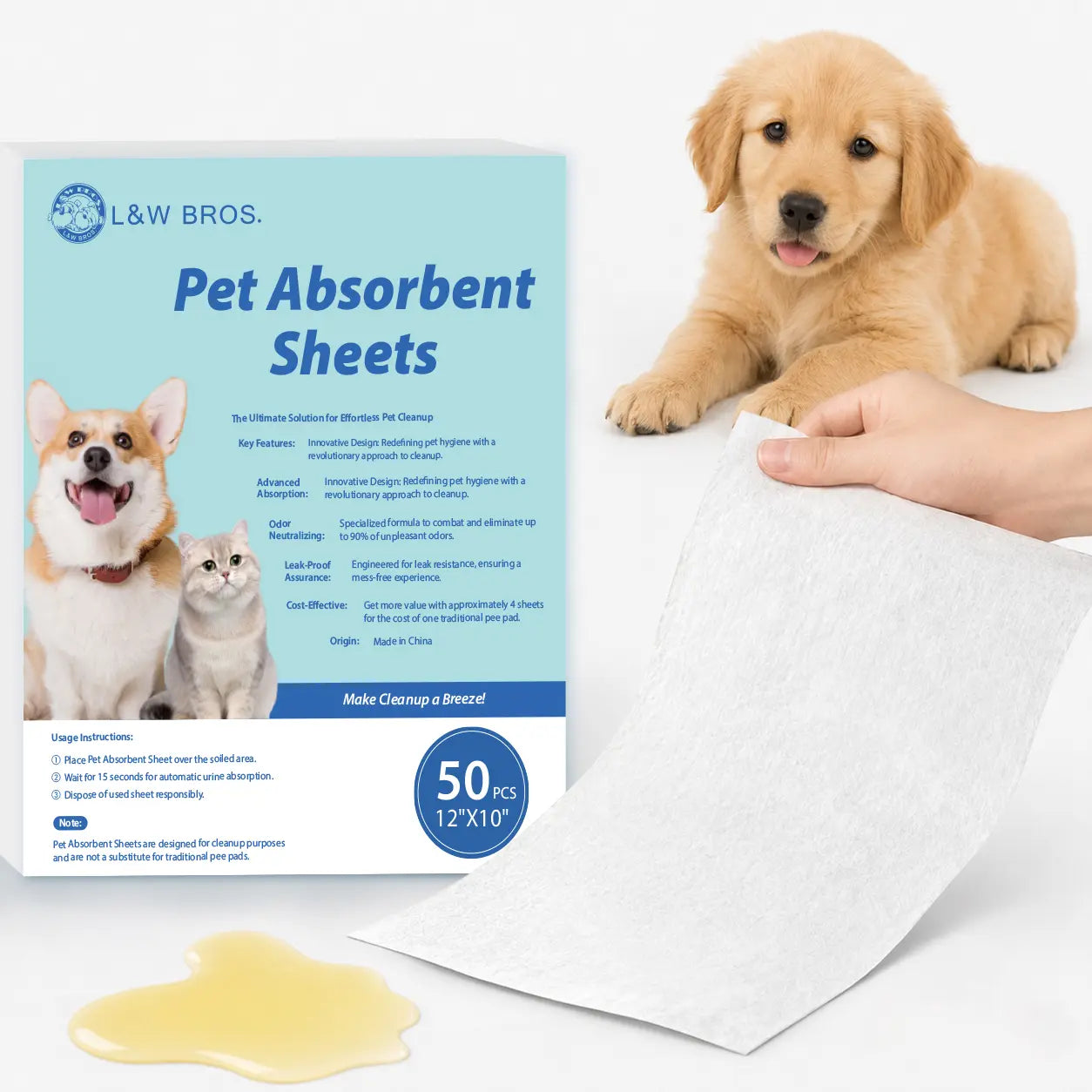 L&W BROS. Advanced Pet Absorbent Sheets - Quick-Drying Paper Towels for Efficient Dog Urine Stain and Odor Elimination