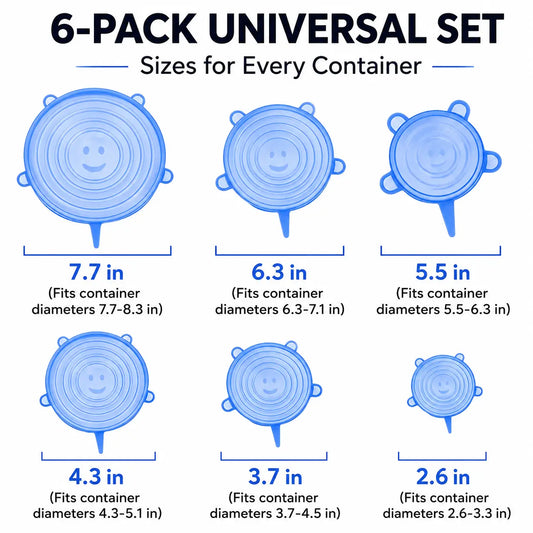 Silicone Stretch Lids Set (6-Pack) - Reusable BPA-Free Food Covers for Bowls, Pots, Cups, and Fruits (Sizes: 2.6", 3.7", 4.3", 5.5", 6.3", 7.7")